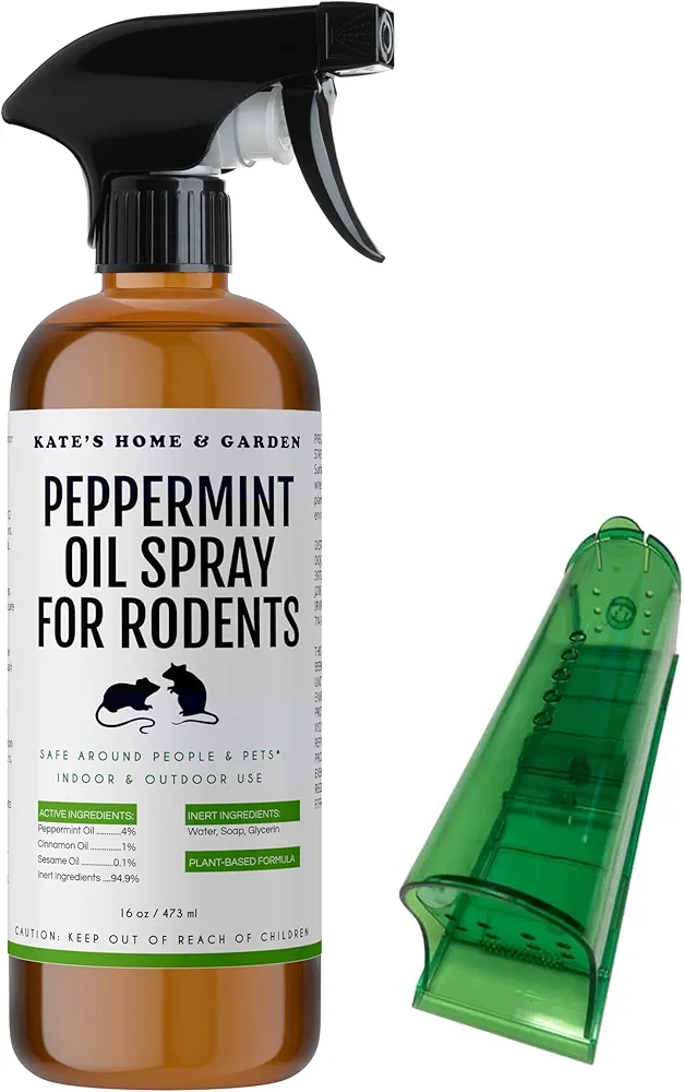 Kate's Home & Garden Peppermint Oil Spray for Rodents, Mice, Squirrels with Humane Trap. Rodent Repellent Indoor for Car Engines & Outdoor (16oz, Non Toxic)