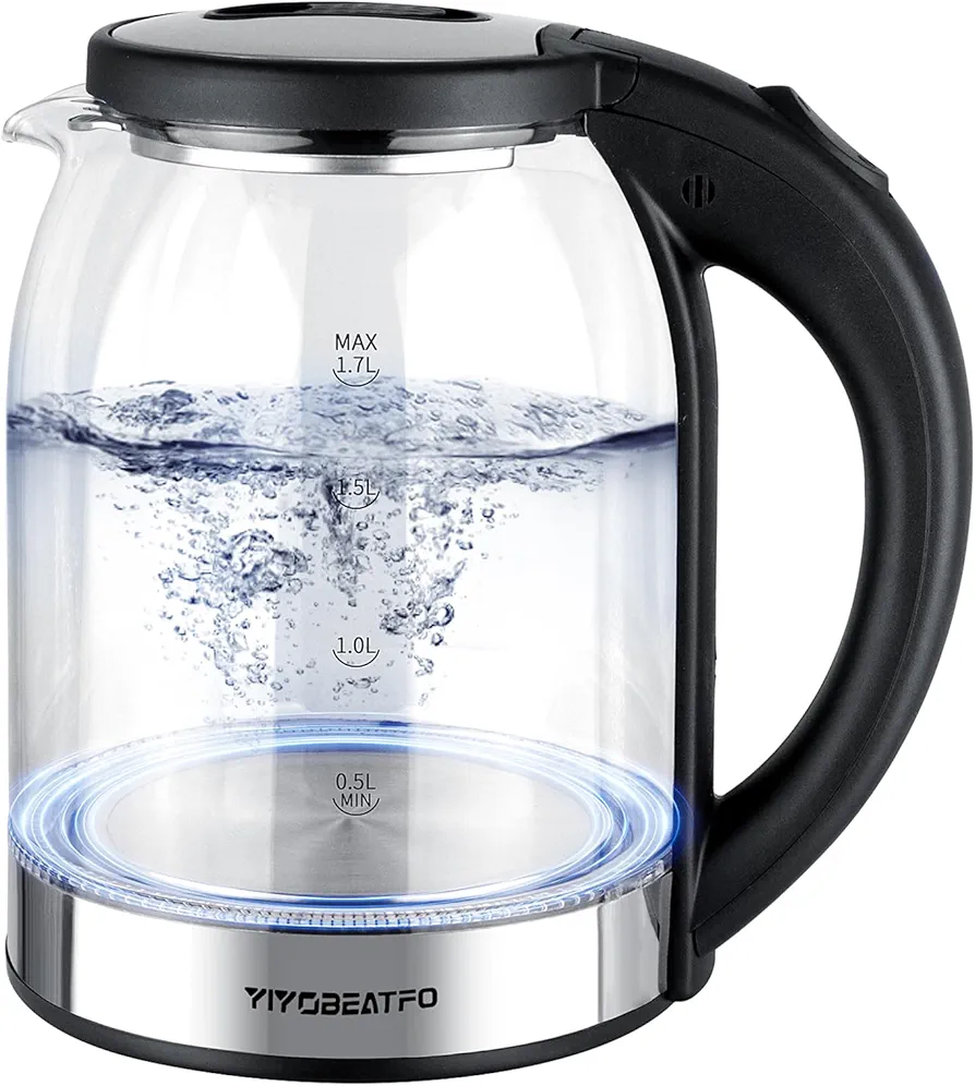 Electric Kettle, 1.7L Glass Hot Water Boiler Kettle For Coffee & Tea,Easy Clean Wide Opening Water Heater Electric with LED Light,360°Rotation,Auto Shut-Off&Boil Dry Protection