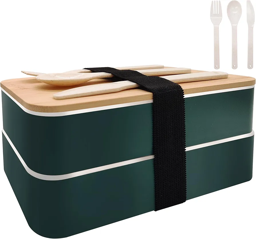 Bento Boxes Adults - 1200 ML Simple Modern Bento Lunch Box for Men Women Meal Prep Container with Spoon & Fork BPA-Free Microwave/Dishwasher Safe (blackish green)