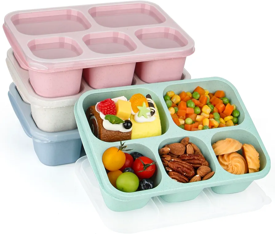 Bento Lunch Boxes - Reusable 5-Compartment Food Lunchables Containers, Snack Boxes For Adults Container for School, Work, and Travel, Set of 4 (Wheat)