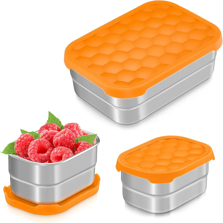TeamFar Stainless Steel Food Containers, (25oz+8oz*2) Lunch Container with Silicone Lid Set of 3, Metal Bento Snack Box for Kids School and Toddler Daycare, Non-Toxic & Leak-Proof, Orange