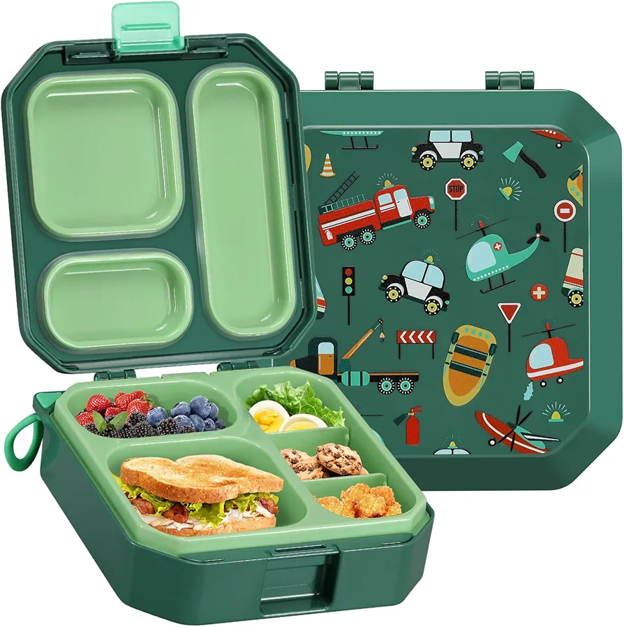Itslife Bento Lunch Box for Kids, 3-5 Compartment with Leak Proof, 35oz Lunch Containers for Toddler, Dishwasher Safe, BPA Free, Ideal Portion 14 Designs for Kids School Gift (Green Car)