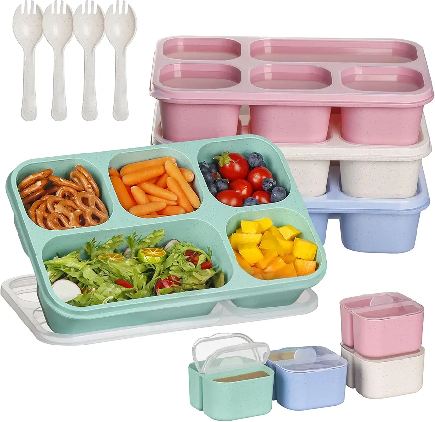 4 Pack Plastic Lunch Box Containers with Sauce Box, Reusable 5 Compartment Bento Snack Box with Forks, Meal Prep Containers with Lids, Stackable Bento Box for Kids & Adults, School, Work, Picnic