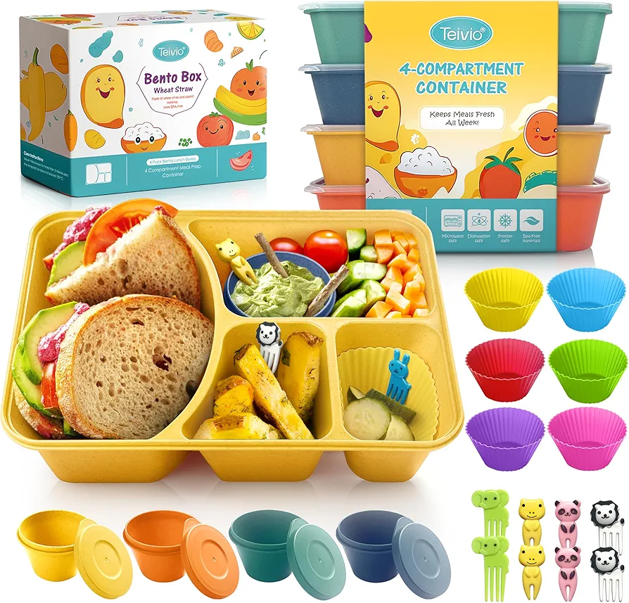 Teivio 4 pack Plastic bento lunch box Snack container with Lid, Reusable 4-Compartment Wheat Straw meal-prep container/Salad Dressing Cup with lids/Fork/Muffin Cup for Adult & Kids, Autumn Multicolor