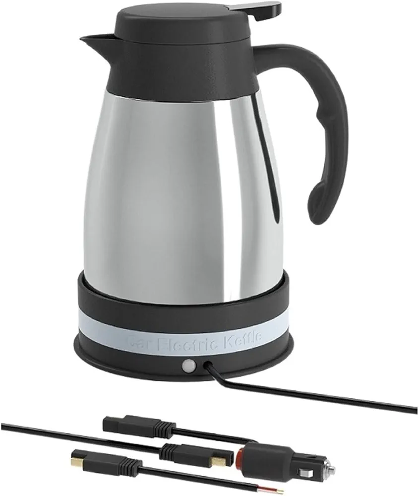 Travel Kettle 12V 24V Car Kettle Car Water Heater Kettle Large Truck Car Portable Stainless Steel Electric Kettle 1200ML(Silver)