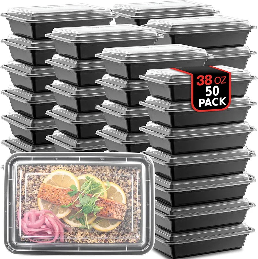 50-Pack Reusable Meal Prep Container Microwave Safe Food Storage Containers with Lids, 38 OZ - 1 Compartment Take Out Disposable Plastic Bento Lunch Box To Go, BPA Free - Dishwasher & Freezer Safe