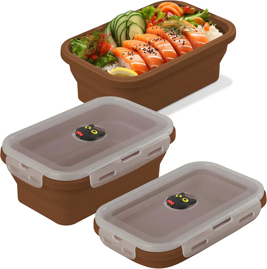 BONE Silicone Foldable Food Container, Collapsible Fresh Box with Clip-on Vent Plug Lid, Microwave & Dishwasher Safe Lunch Box for Meal Prep, Cute Cartoon Cat Airtight Storage (1200ml - Miao Cat)