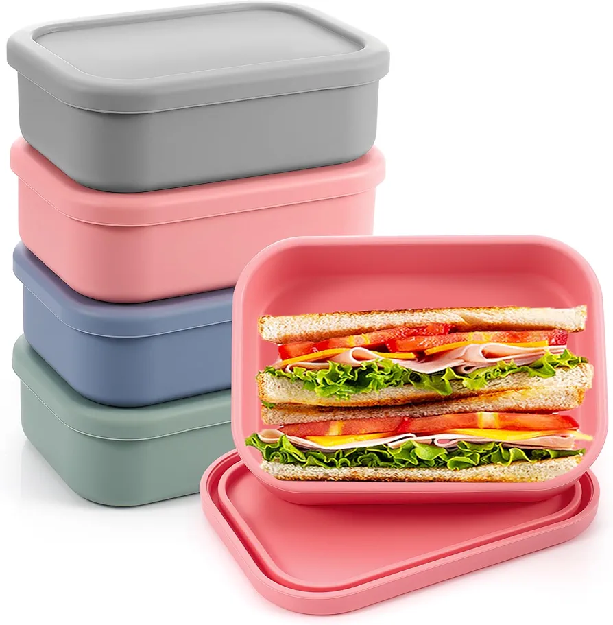 Layhit 4 Pcs Silicone Lunch Box 23.7 oz Silicone Bento Box with Lids Reusable Food Storage Containers Set Airtight, Dishwasher and Freezer Safe, 4 Colors