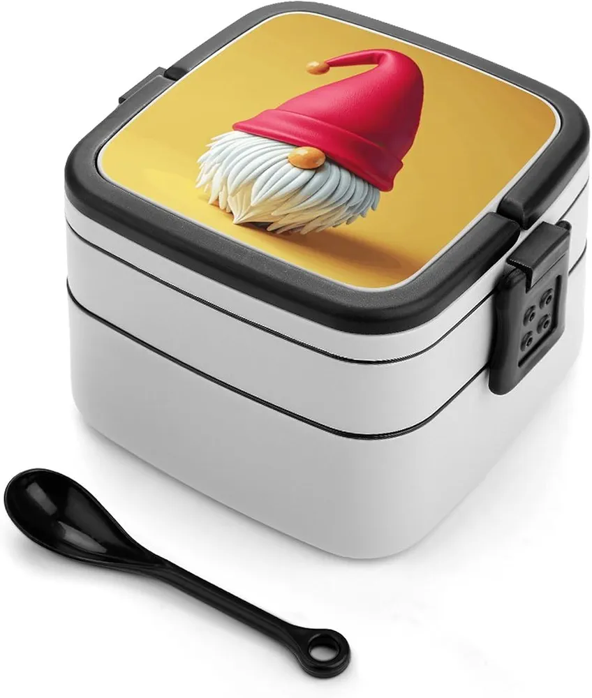Bento Box Stackable Lunch Box with 2 Compartments Leak-Proof Food Storage Containers Cute Gnome Hat Bento Lunch Box for Adults Lunch Containers with Utensil Set