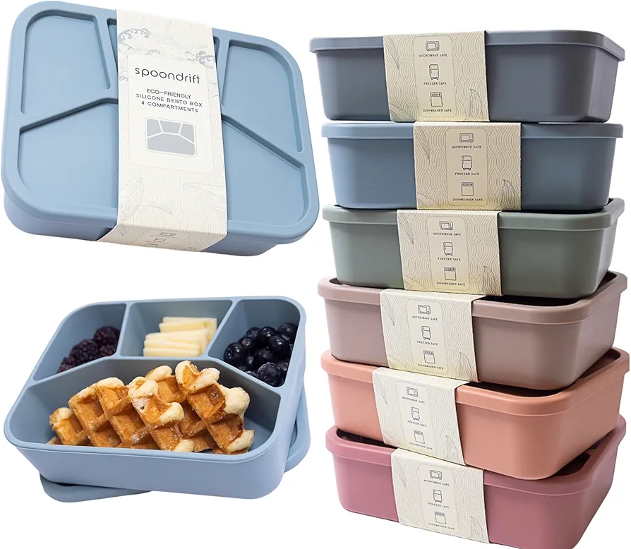 Spoondrift 100% Food Grade Eco-Friendly Leak-Proof Silicone Bento Box Lunchbox, For Child And Adult, 4 Compartment, Choose from 6 Colors (Includes 1 Box, Dusty Blue)