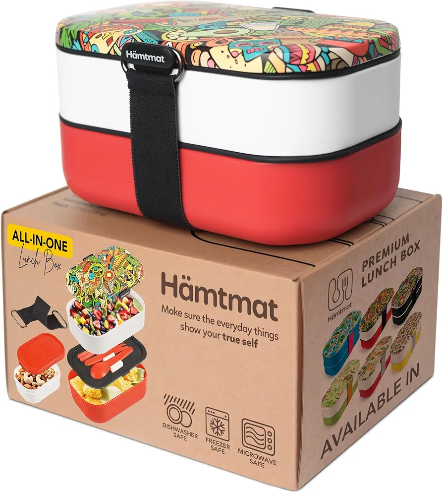 Insulated Stackable Bento Box for Adults with Reusable Chopsticks Japanese Lunch Box Microwavable & Leak Proof Lunch Containers for Men & Women Modern Cute Food Container with Compartments (Red White)