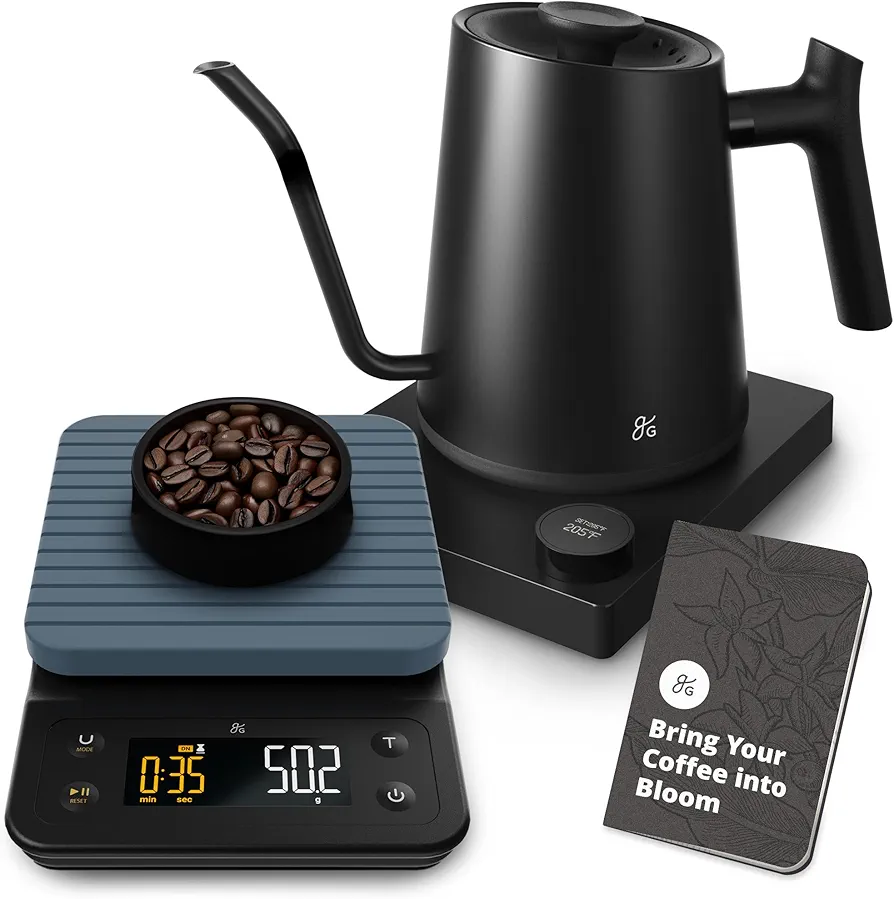 Greater Goods Electric Gooseneck Kettle and Coffee Scale, Designed in St. Louis. Onyx Black/Stone Blue.