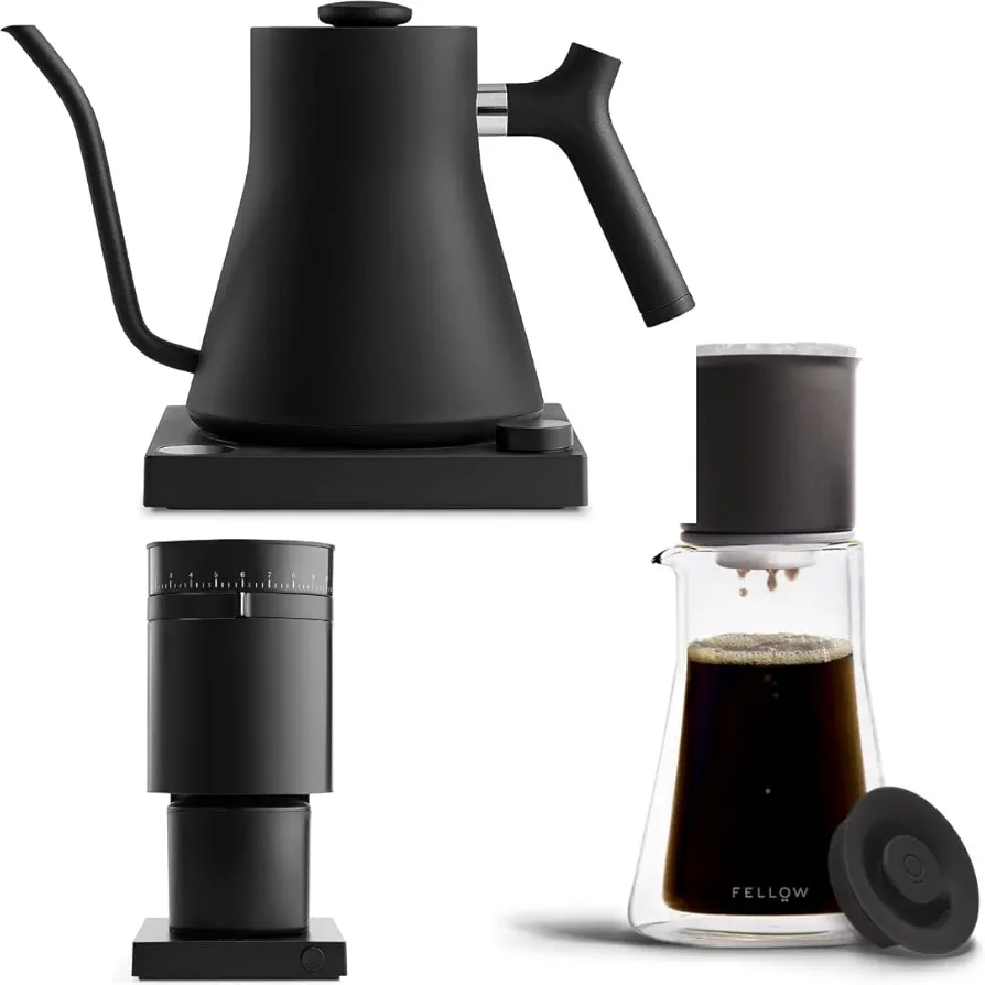 Fellow Matte Black Coffee Lover's Ultimate Bundle Stagg EKG Electric Gooseneck Kettle, Stagg [XF] Pour-Over Coffee Maker Set Opus Conical Burr Coffee Grinder