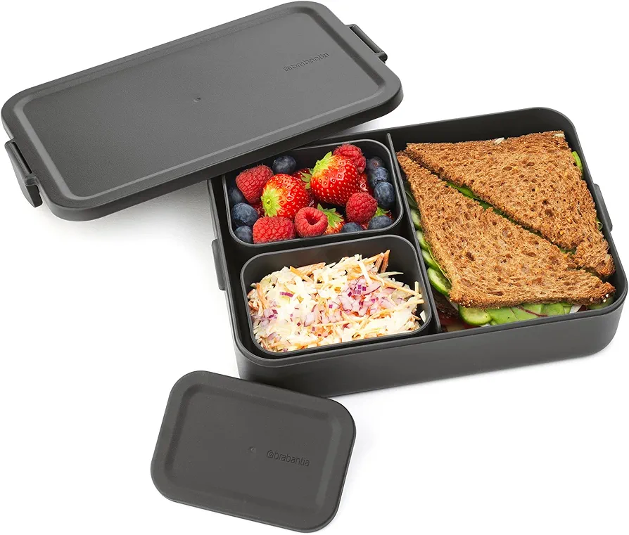 Brabantia Make & Take Bento Lunch Box (Dark Gray) 2 Compartments & Lidded Pot, Lift-Out Tray Divider, BPA-Free, Airtight Snap Locks, Microwave & Freezer Safe, Travel Meal Prep Container