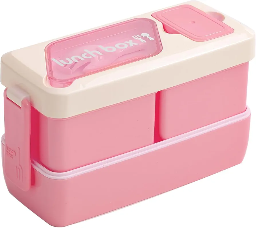 NatraProw Kids Bento Box Adult Lunch Box, 3 Compartment Bento Box for Kids with Sauce Cup, Stackable 2 Layer Lunch Containers for Adults, 37 Oz Ideal Portion Sizes, Microwave Safe, Pink