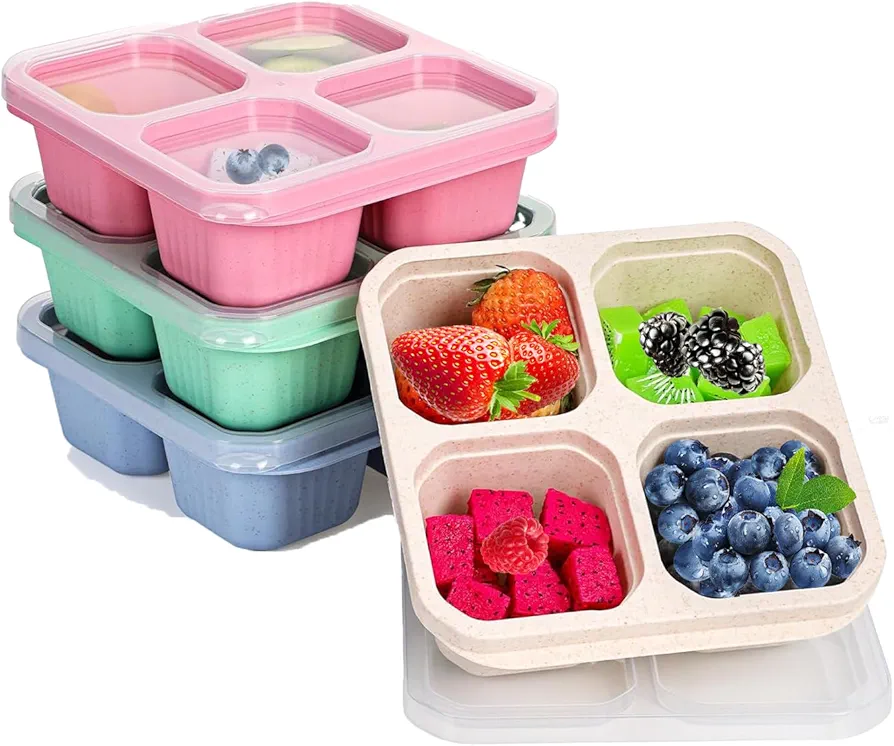 ZMD 4 Pack Bento Box Adult Lunch Box, 4 Compartments Wheat Straw Meal Prep Containers Reusable ood Storage Snack Containers With Lids for Camping Travel Work