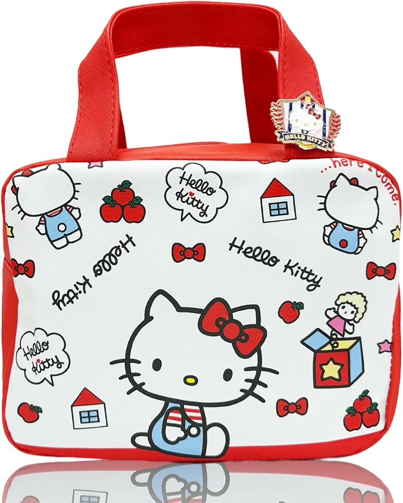 Kawaii Kitty Cat Insulated Lunch Bag with Pin for Women, Reusable Large Capacity Lunch Box, Leakproof Lunch Tote Bag with Front Pocket, Lunchbox Container Thermal Cooler Bag Food Handbags for Work