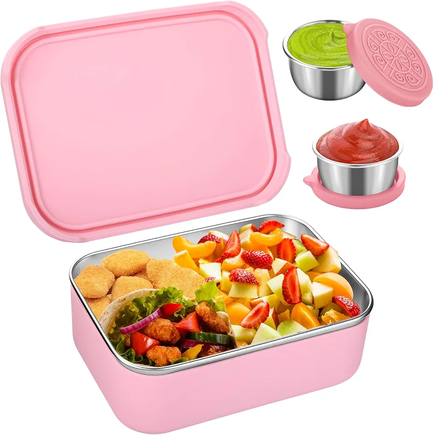 Bento Lunch Box Container, Stainless Steel Bento Box with Removeable Compartments and 2 sauce cups, Dishwasher, Freezer Safe, BPA-Free -Sage (Pink)