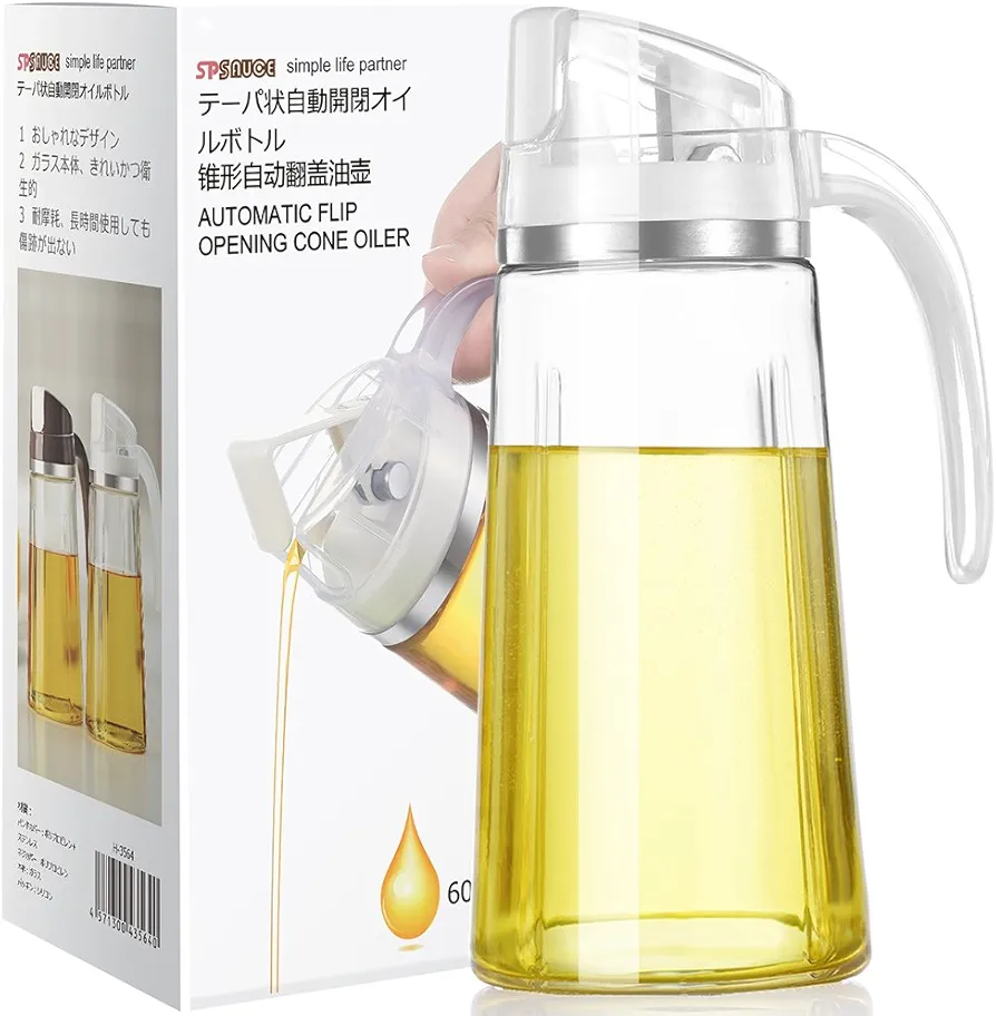 Marbrasse Oil Dispenser for Kitchen,20 OZ /600ml Leakproof Glass Oil Bottle Olive Oil Container with Auto Flip Cap,Olive Oil Dispenser Bottle for Kitchen Cooking (White)