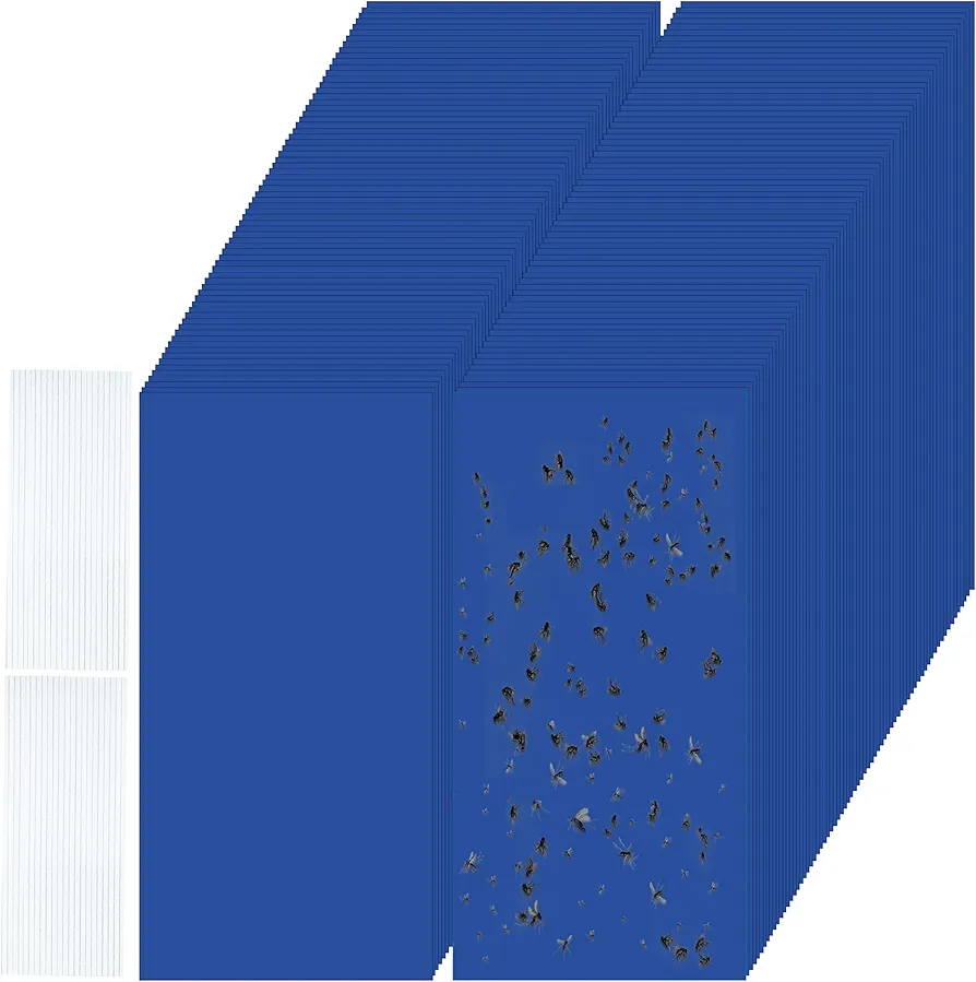 Qualirey 100 Pcs Double Sided Sticky Traps for Flying Plant Insect Like White Flies Aphids 7.87 x 3.9 Inch Sticky Gnat Traps Killer Fruit Fly Traps for Indoor Outdoor Including Twist Ties (Blue)