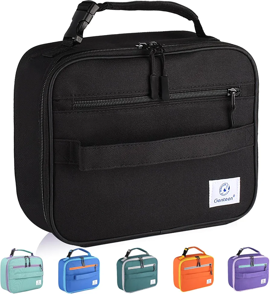 Genteen Insulated Lunch Bag, Lunch Box Kids Double Zipper Kids Lunch Bag,Sturdy Soft Bag & Rectangle Lunch Bag - Boys Mens Lunch Bag Reusable Lunch Bag for School,Work,Outdoor(Black)