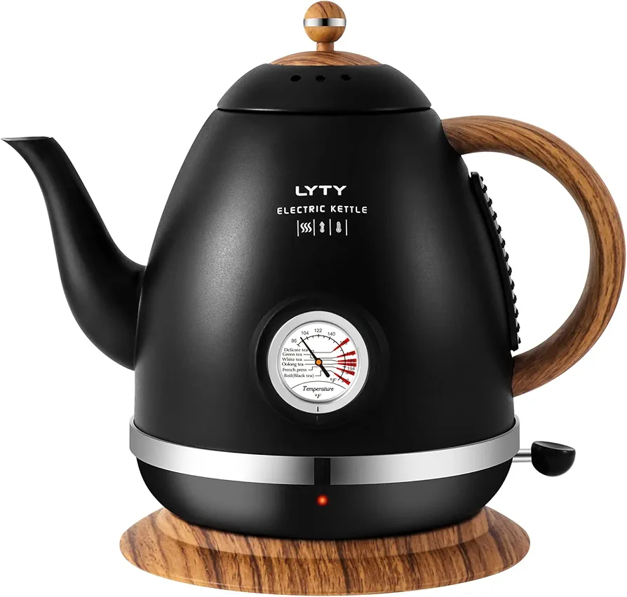 Electric Kettle with Thermometer Stainless Steel 1.5L 1000W Gooseneck Pour Over Coffee Tea Kettle, Hot Water Boiler Heater with Water Temperature Display, Quick Heating Boiling Water 110V Black