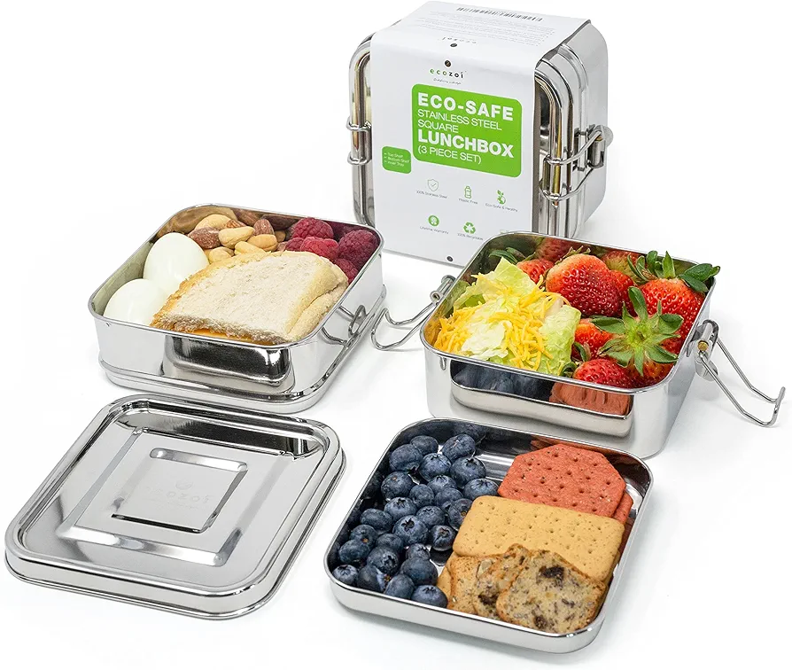 Stainless Steel Lunch Box, 3-in-1 Eco Friendly Stackable Bento Box, Plastic Free Meal Prep Food Container, With Bonus Inner Tray, Square (1500 ml or 50 oz)