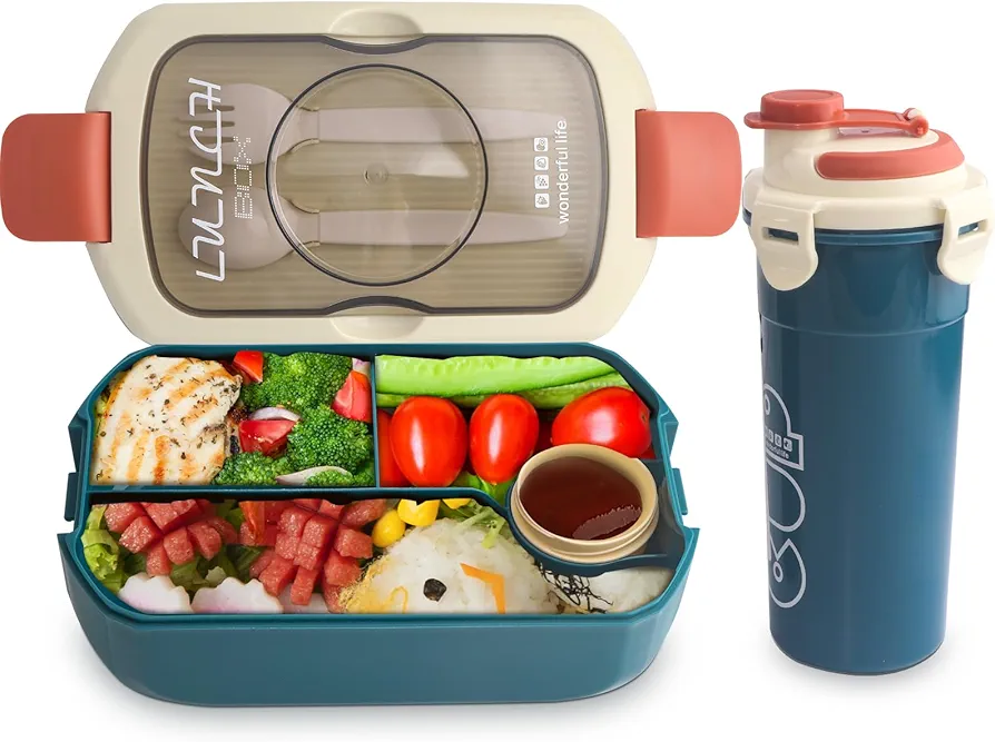 Bento Lunch Box for Kids,Snack Containers with lids,Food Container Lunchbox Included Utensils,Sauce Jar and Soup Cup,Cream-coloured