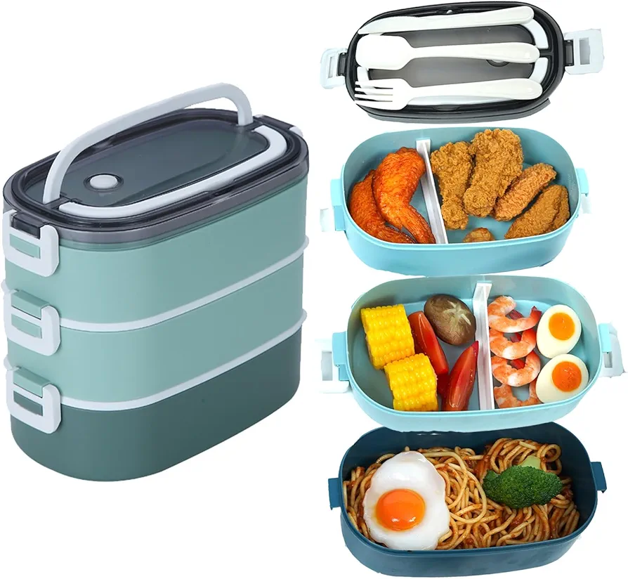 JENAGREN Bento Box Lunch Container, Stackable 3 Layers Meal Prep Salad Adult Lunch Box, Leak-Proof Sandwich Containers with Cutlery for Adults Men Women,GREEN
