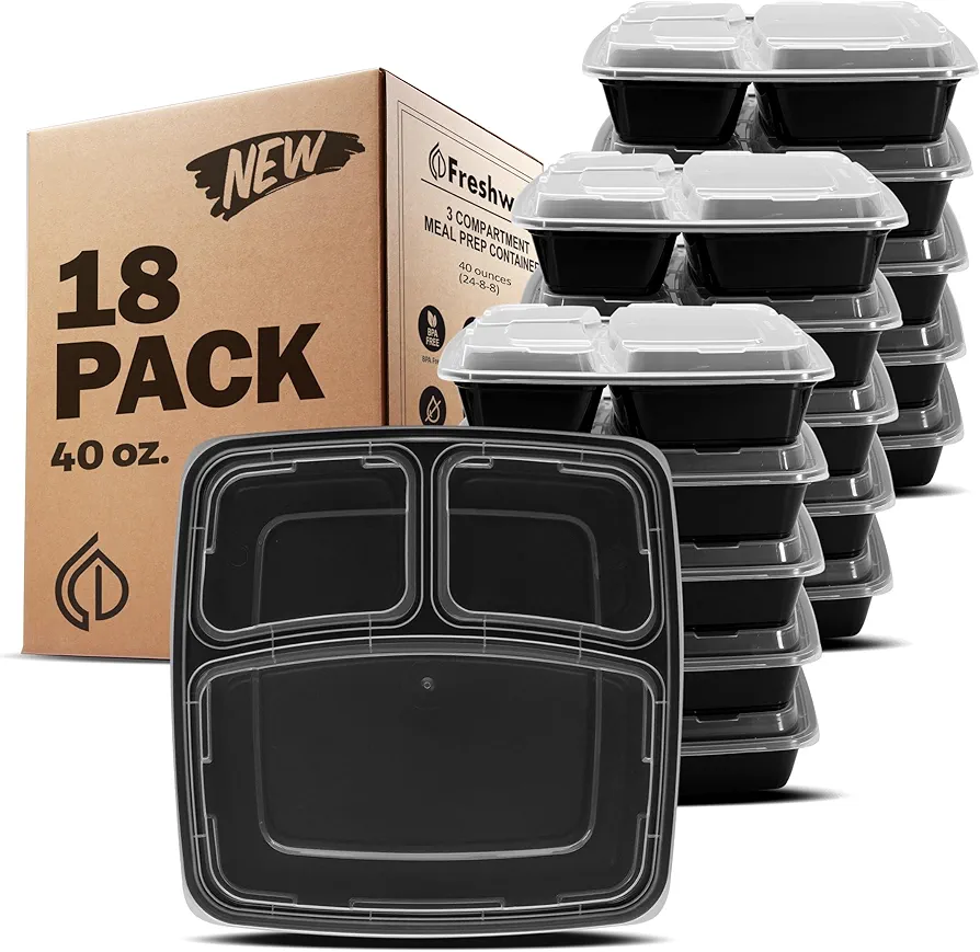 Freshware Meal Prep Containers [20 Count] 3 Compartment With Lids, Food Containers, Lunch Box, BPA Free, Stackable, Bento Box, Microwave/Dishwasher/Freezer Safe (40 Oz)