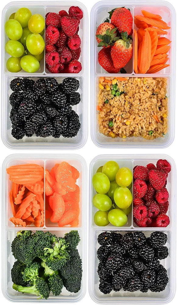 FIT Strong & Healthy Bento Lunch Box & Meal Prep Containers, Food & Snack Storage for Adults & Kids, Microwave, Freezer, & Dishwasher Safe, Reusable, Airtight Lid, Removable Compartments, 39oz, 4 Pack