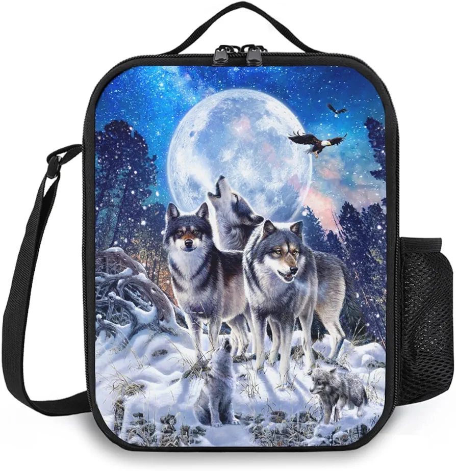 Insulated Lunch Bag, Reusable Portable Lunch Box With Shoulder Strap, Wolf Lunch Bag, Funny Cute Bento Lunchbox Cooler Thermal Meal Tote Kit