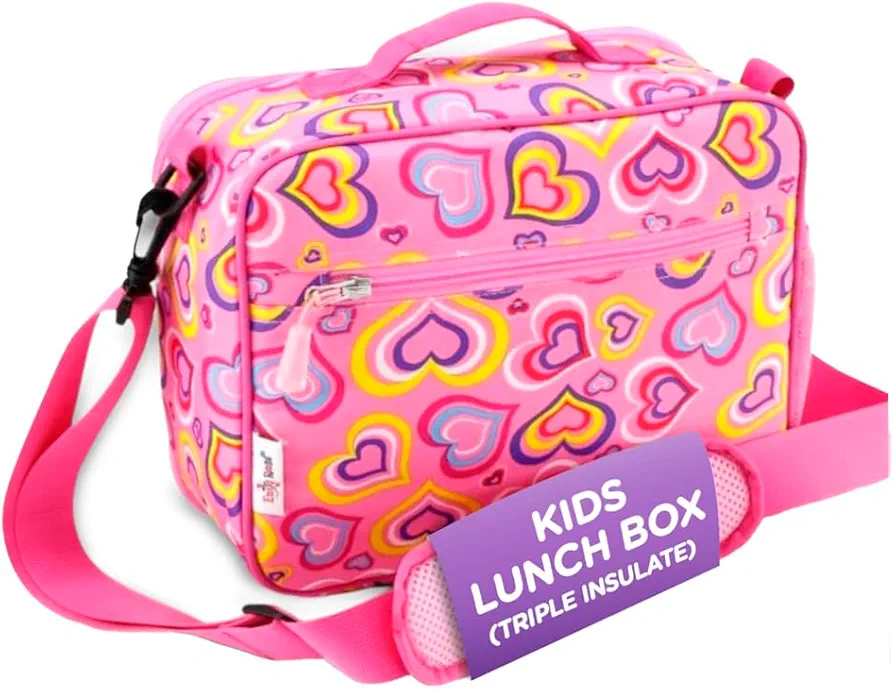 Emily Rose Pink Triple Kids Insulated Lunch Box | Reusable Lunch Bag for Girls - Food Container for Elementary School Kindergarten | Perfect for Hot and Cold Meals (Playful Hearts)