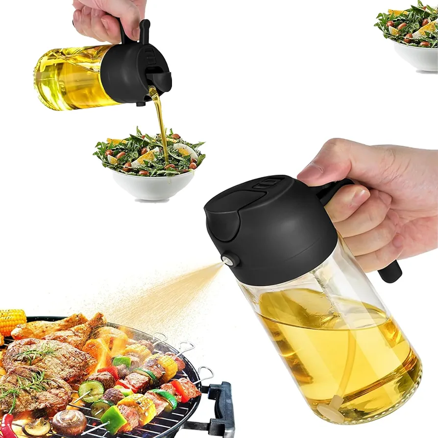 2 in 1 Oil Dispenser and Oil Sprayer,Oil Sprayer for Cooking.Oil Sprayer Bottle,Spray Oil Dispenser for Kitchen.Glass Olive Oil Sprayer for Air Fryer, Salad, Frying, BBQ -Black