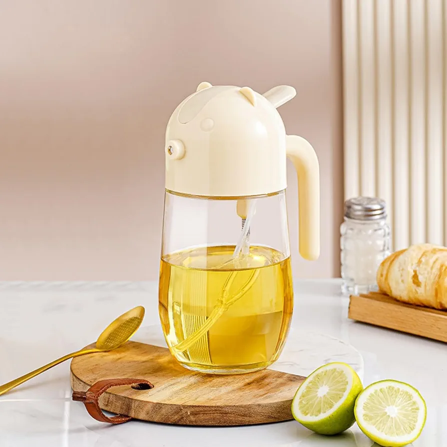Cooking Oil Spray Bottle, 2 in 1 Glass Oil Dispenser and Sprayer Bottles, 19.6oz/580ml Oil and Vinegar Dispenser Bottle with Sticker, Olive Oil Container For Kitchen, Air Fryer, BBQ(Pale Yellow)