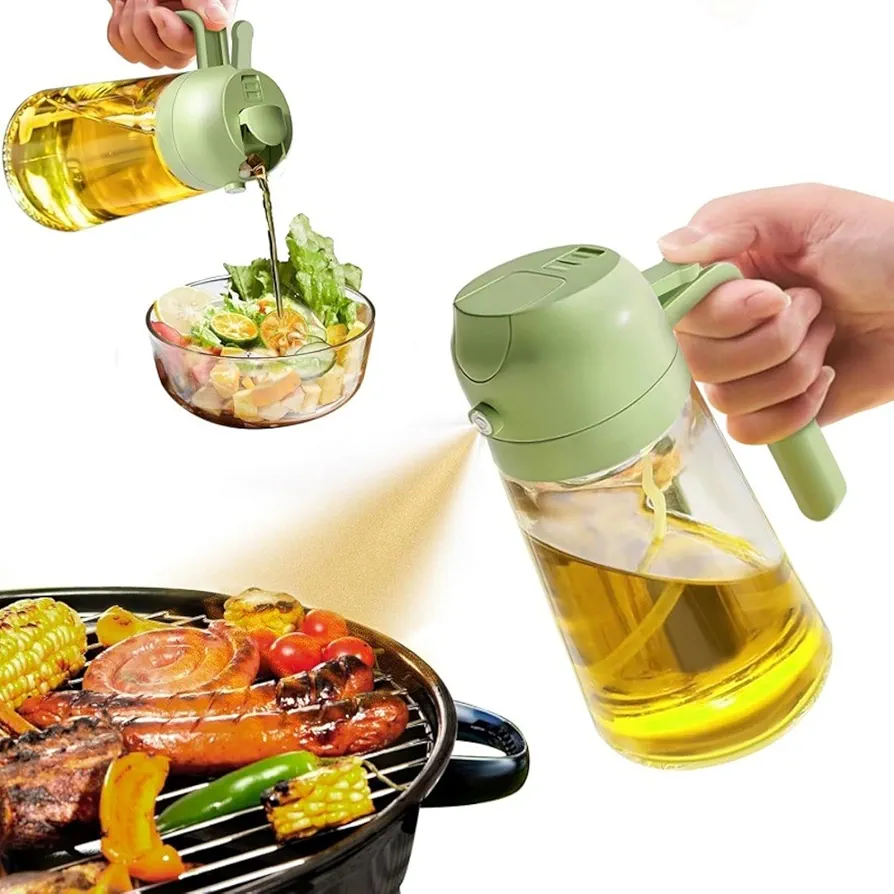 2 in 1 Oil Dispenser and Sprayer for Kitchen -16oz/470ml Glass Olive Oil Dispenser Bottle-Oil Sprayer for Cooking, Salad,Air Fryer, BBQ(Green)