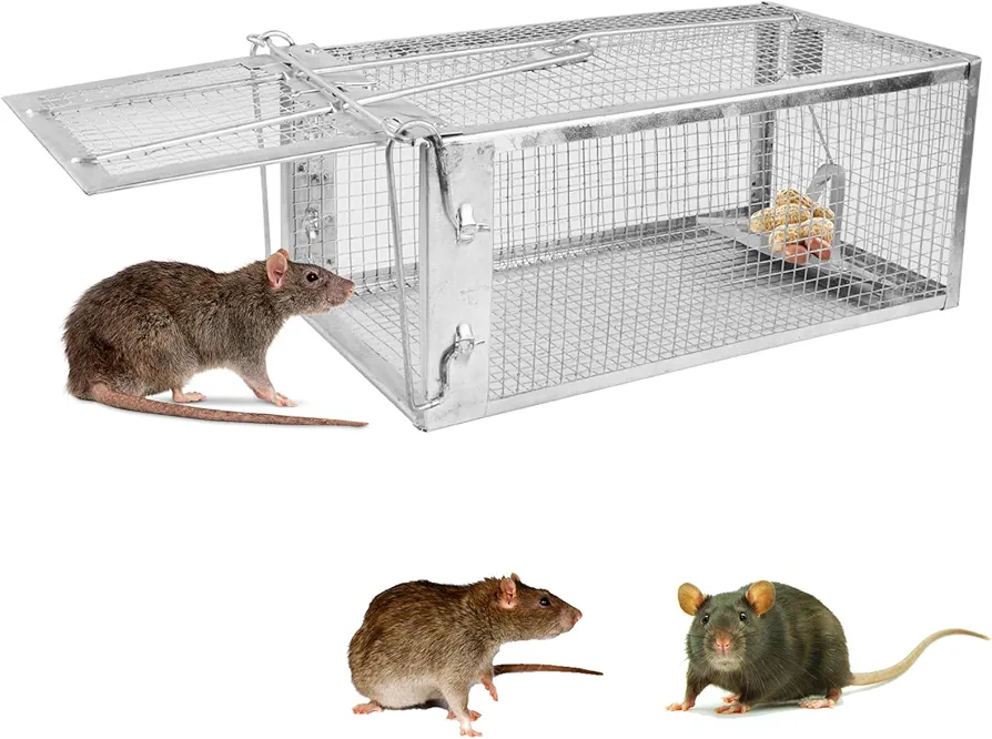 Humane Rat Trap Cage - Galvanized Iron Live Rodent Trap - Mice Mouse Control Bait Catch with Detachable U-Shaped Rod - Effective Humane Mouse and Rat Trap for Catch and Release