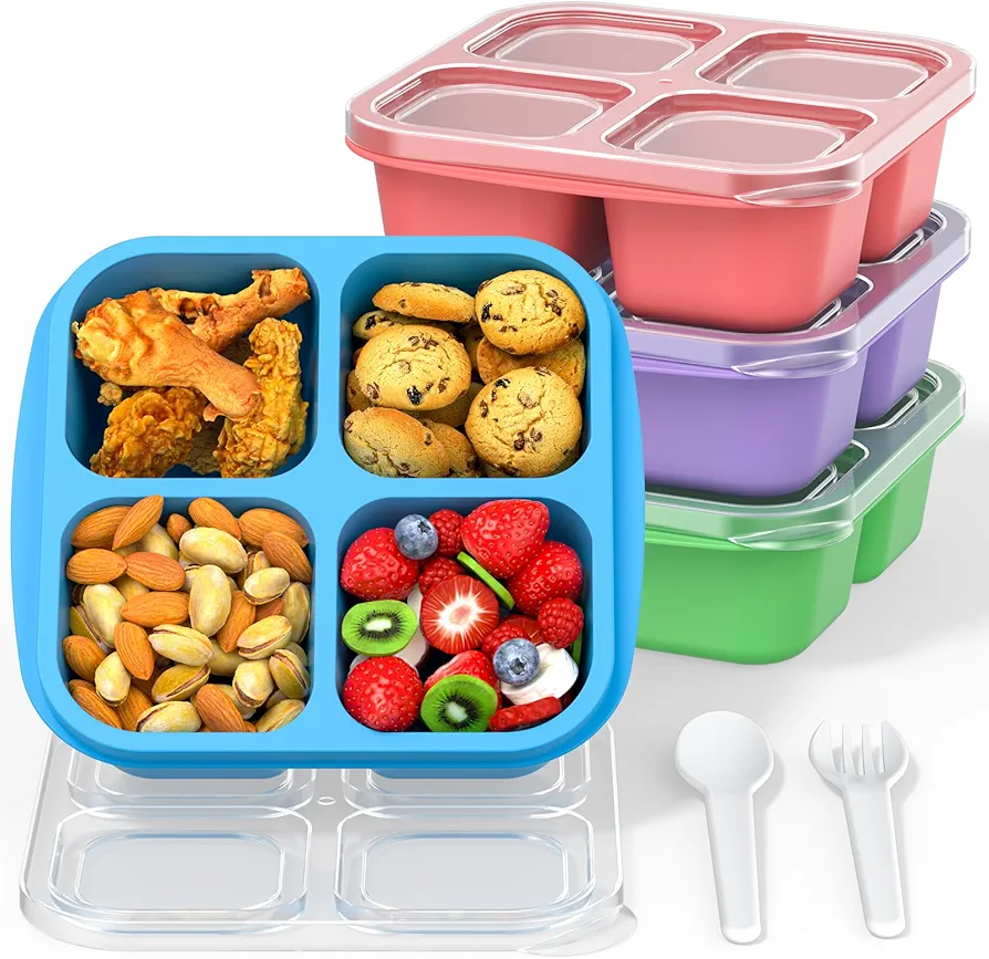 Bento Snack Boxes (4 Pack)- Reusable 4-Compartment Meal Prep Containers for Kids and Adults, Perfect Food Storage Containers for School, Compact and Stackable (PP(Red/Green/Blue/Purple))