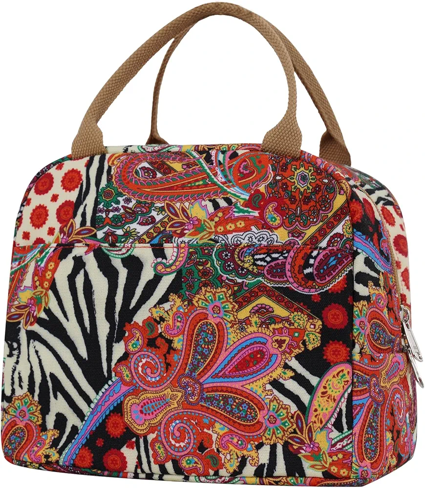 EurCross Aesthetic Lunch Box Bag for Women Daily Use,Boho Stylish Elegant Canvas Insulated Adult Lunch Bento Box Tote Bag