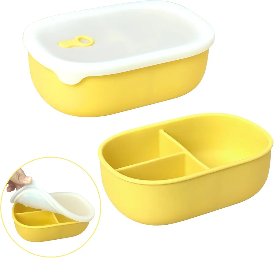 Silicone Bento Box Lunch Box for kids, Toddlers, Preschoolers, Adults, Silicone Food Storage Container Snack Containers with Lids, BPA Free, Airtight, Dishwasher and Freezer Safe - 32 oz, Yellow