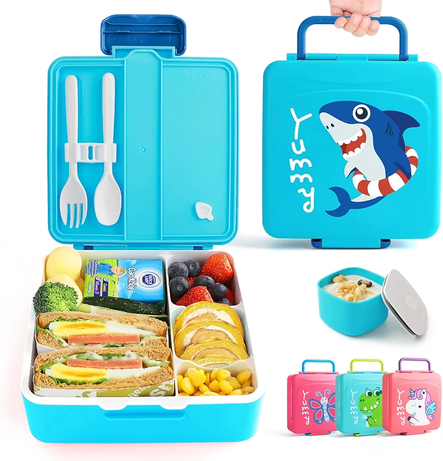 Lehoo Castle Bento Lunch Box for Kids with 4 Compartments,1300ml Lunch Containers with Sauce Jar, Spoon&Fork, Durable, Leak Proof, BPA-Free and Food-Safe Materials (Blue)