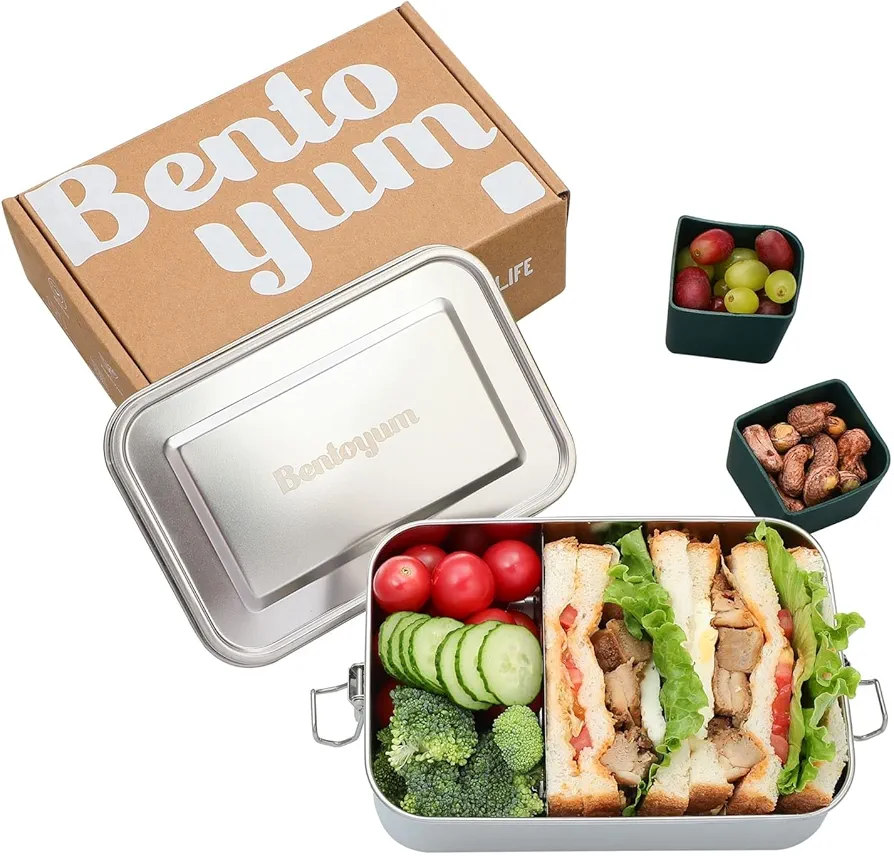 304 Stainless Steel Bento Lunch Box for Men & Women | 47 oz Leak-Proof 3 Compartment Metal Food Container with Lid & 2 Pots | Tiffin Snack & Sandwich Box for Adults | Dishwasher Safe