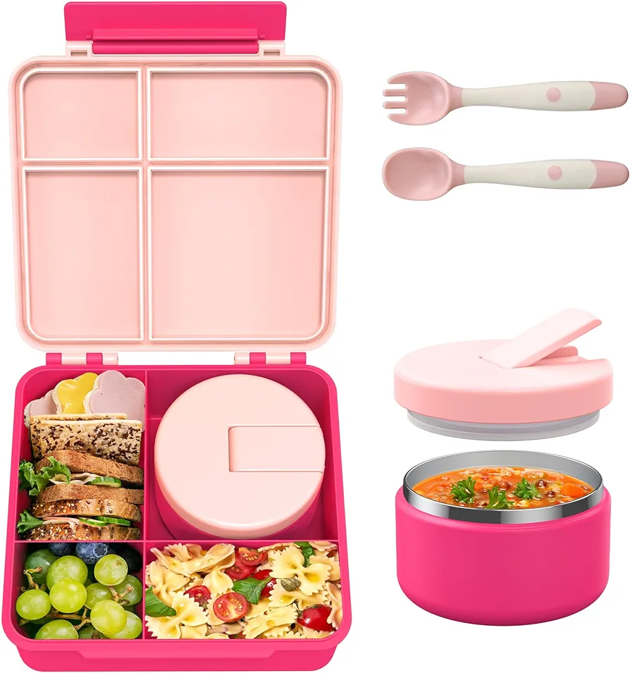 Bento Lunch Box with 8oz Soup Thermo, Leak-Proof Lunch Containers with 4 Compartment, Thermo Hot Food Jar and Insulated Lunch Bag for School Pink