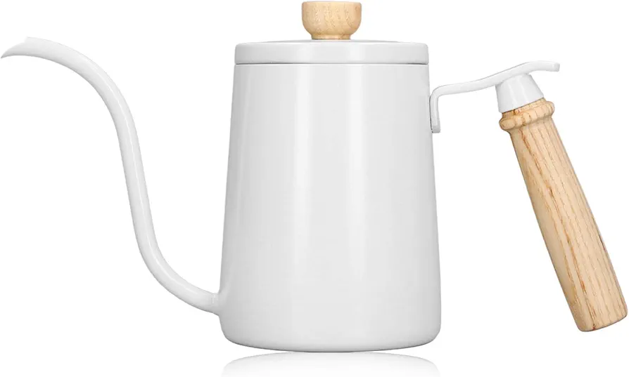 Coffee Pour Over Kettle Gooseneck Spout, Coffee Tea Pot, 600ml 304 Stainless Steel Wood Handle Gooseneck Kettle for Coffee Water Drinks(white)
