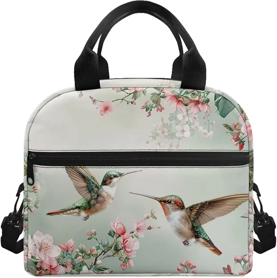 Hummingbird Lunch Box for Women Reusable Insulated Lunch Bag Flowers Leakproof Lunch Tote Thermal Cooler Lunch box Handbag Snack Bags with Adjustable Shoulder Strap
