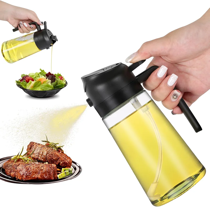 Oil Sprayer for Cooking, 2 in 1 Oil Dispenser and Oil sprayer, 16oz Oil Sprayer, Oil Spray and Pour Dispenser for Healthy Cooking,Air Fryer, BBQ, Salad, Baking, Steak (Black)