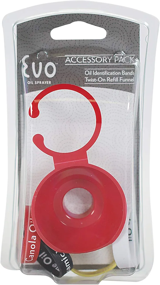 Evo Oil Sprayer Bottles, 5-Piece Accessory Pack, 4-Identification Bands with Twist-On Funnel