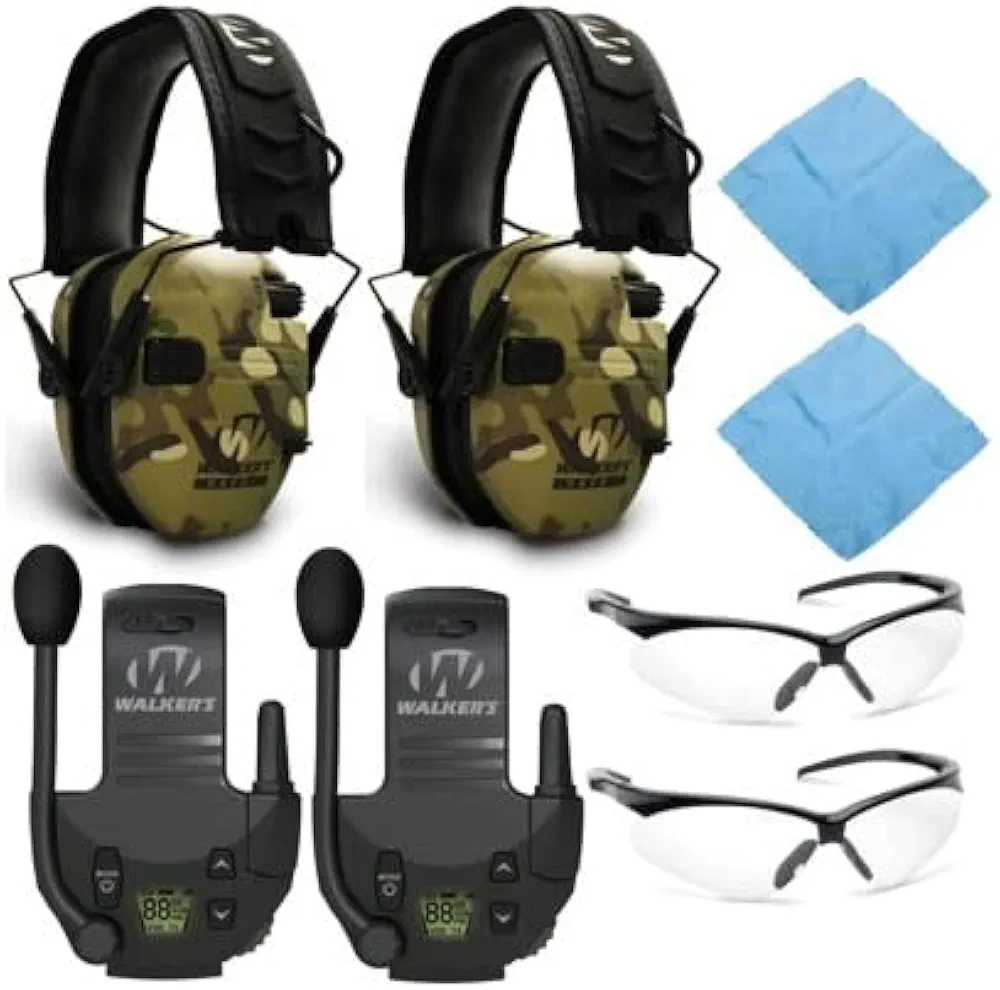 Walker's Razor Slim Electronic Shooting Muffs (MultiCam Camo Tan, 2-Pack) Bundle with Walkie Talkies (2-Pack), and Shooting Glasses (2-Pack), and Cleaning Cloth (2-Pack) (8 Items)