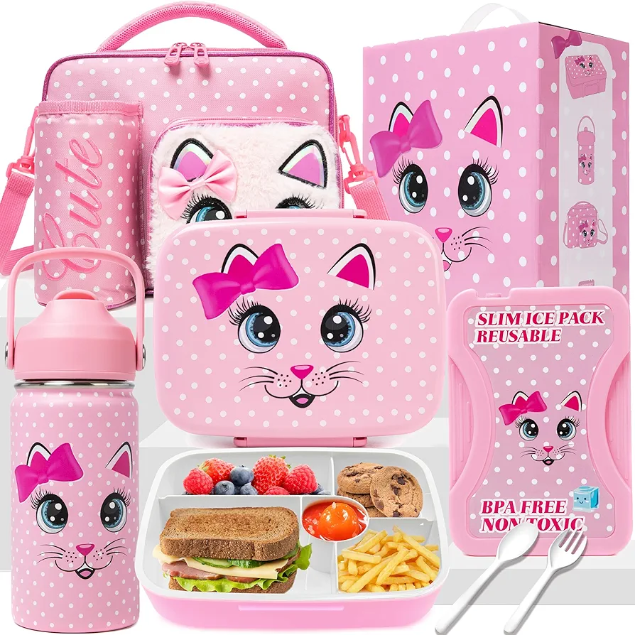 Bento Box for Kids with Ice Pack Lunch Box for Girls 5-12 for School with Lunch Bag Set Cute Kids Lunch Box Containers with Stainless Steel Water Bottle for Pre-School Girls Toddler Daycare