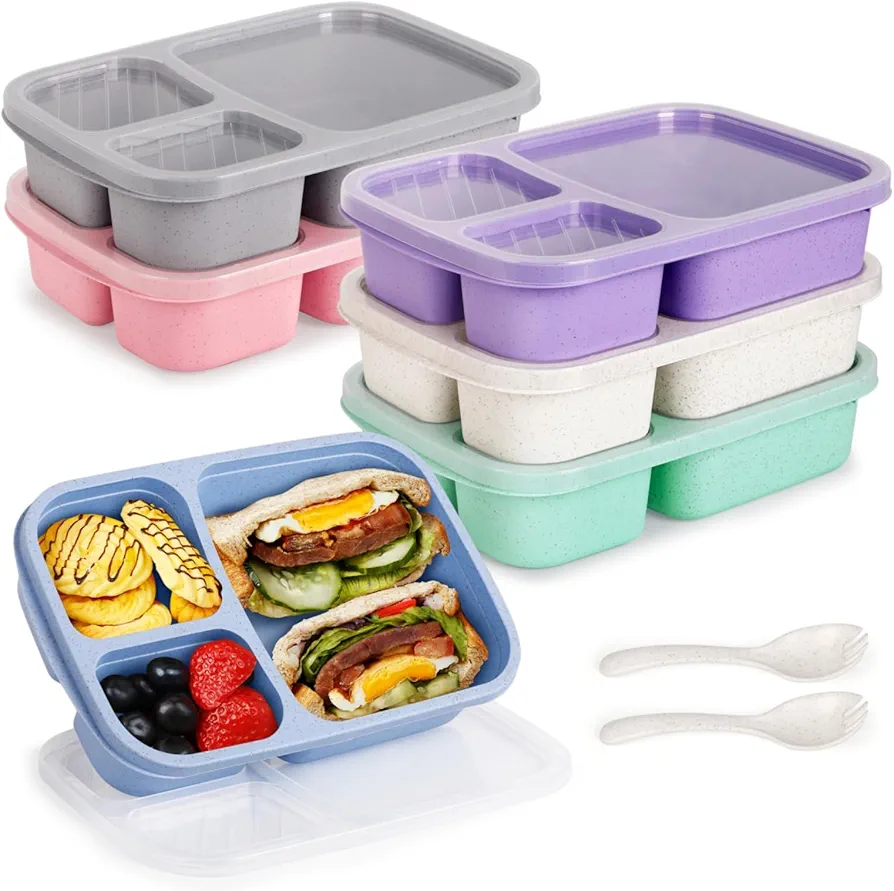 Korlon 6 Pack Lunch Containers for Kids, Three Compartment Lunchable Snack Box Container, Reusable Bento Snack Containers for Adults, Bento Lunch Box for School, Work and Travel